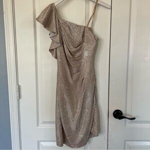 Elegant Gold One-Shoulder Dress - Woman’s Holiday, Christmas, NYE